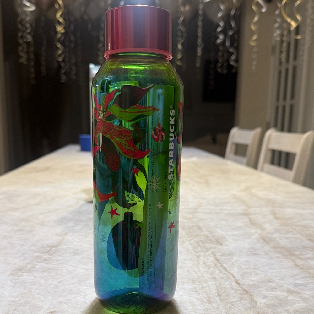 Starbucks Green and Red Tumbler with Floral Accents